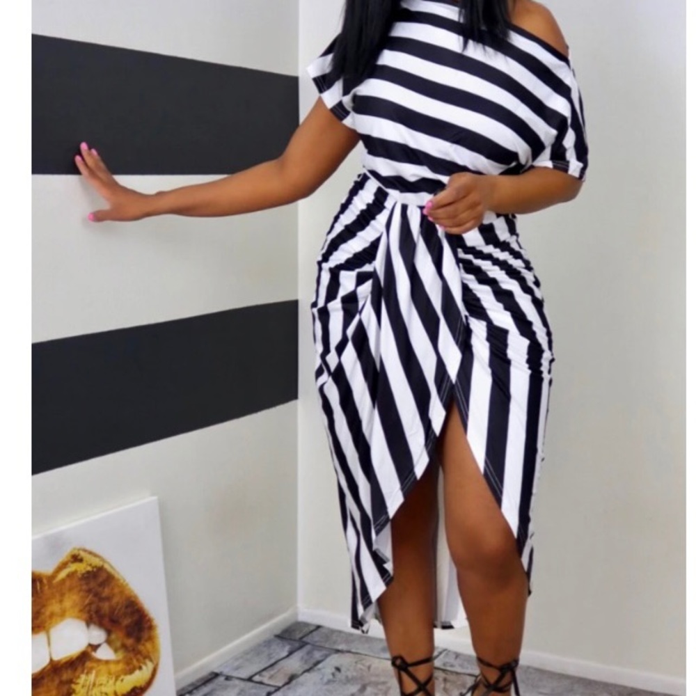 Black and White boat neck midi dress